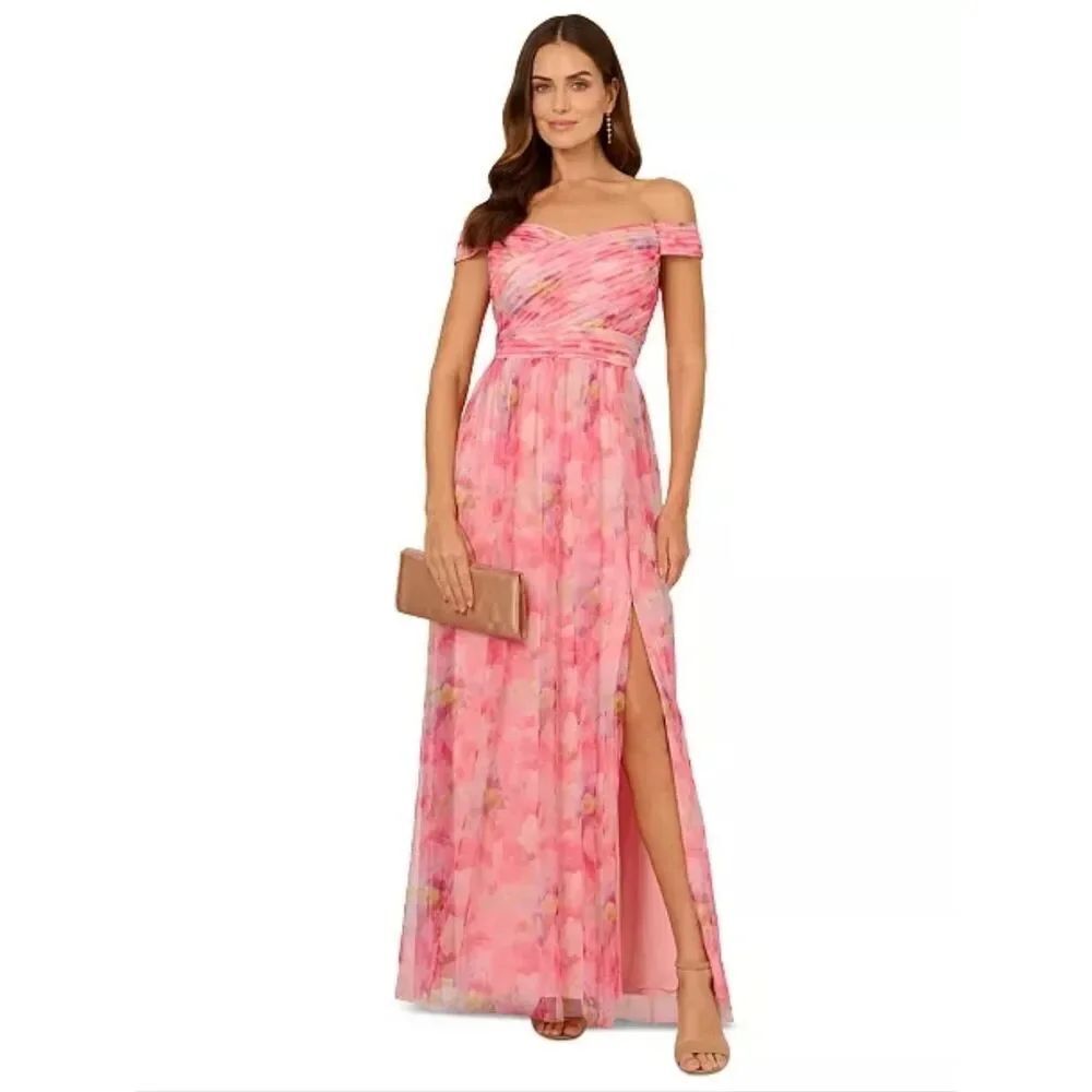 NWT Adrianna Papell Pink Floral Off The Shoulder Gown Dress 16W